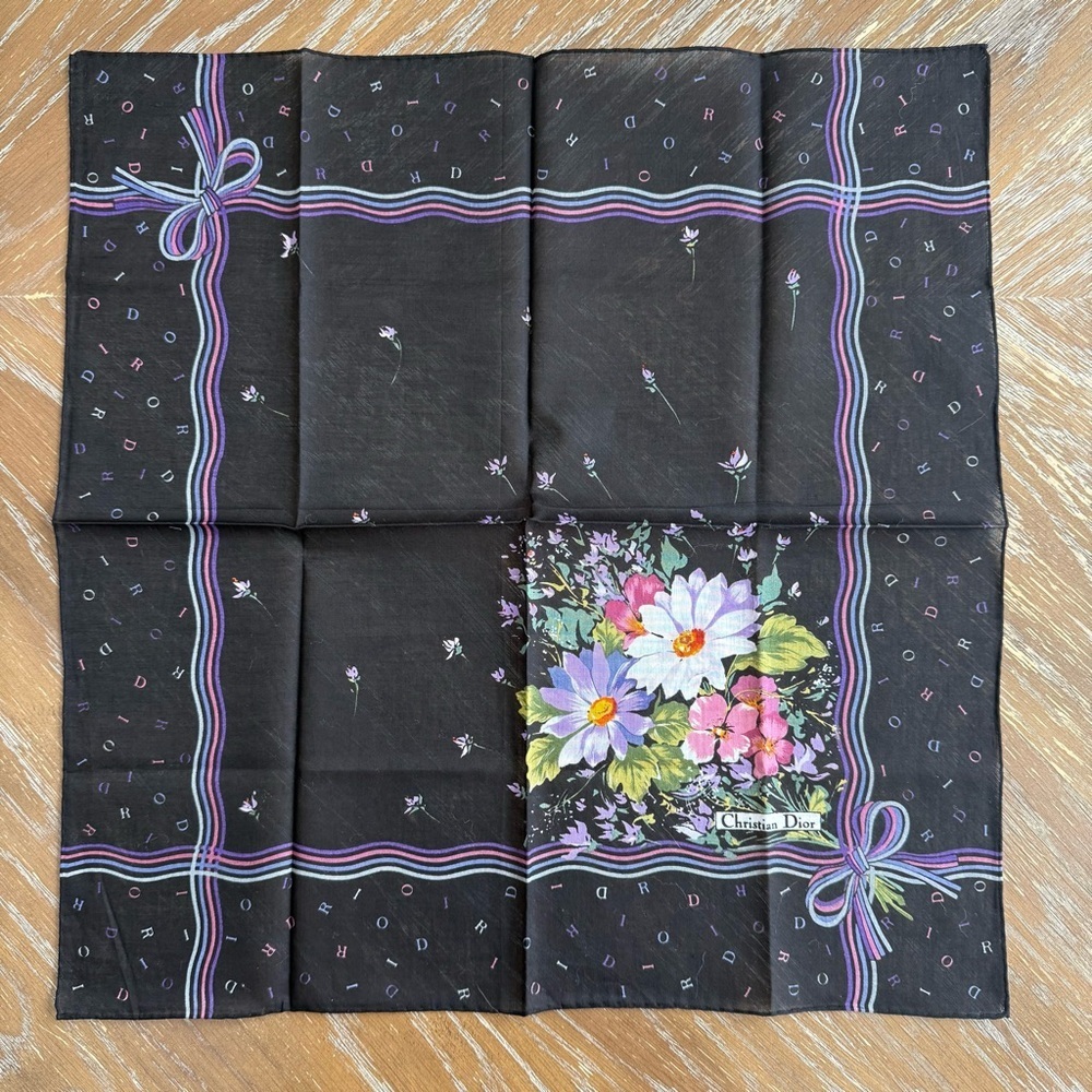 Christian Dior Floral Black Cotton Scarf 18”